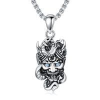 wholesale 925 Sterling Silver Protection Pendant with Demon Mask and Snake Charm on 3mm Box Chain - For Men & Women-Hannya Mask