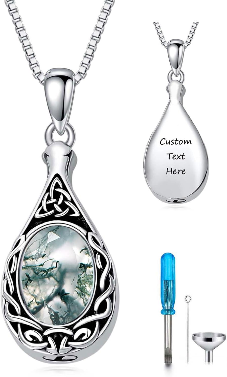 Sterling Silver Moonstone Opal Turquoise Larimar Black Onyx Cremation Jewelry for Ashes-B-Moss Agate Custom-Custom-B-Moss Agate