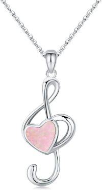 wholesale 925 Sterling Silver Pink Opal Heart Treble Clef Pendant Necklace for Women-Pink
