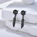 wholesale 925 Sterling Silver & Abalone Shell Black Feather Punk Earrings for Women Men, Stylish Dangling Gift-0-2