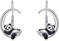 wholesale 925 Sterling Silver Panda on Crescent Moon Leverback Dangle Drop Hoop Earrings for Women Birthdays Anniversaries Christmas Gifts-22-Leverback-Panda