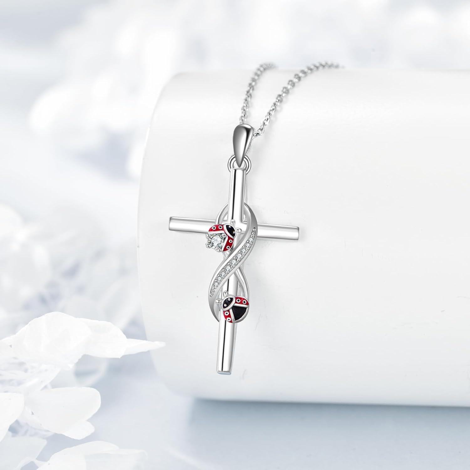 wholesale 925 Sterling Silver Ladybug and Snake Design Cross Pendant Necklace-0-2