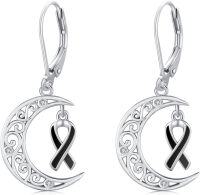 wholesale  Sterling Silver Cancer Awareness Ribbon Moon Dangle Leverback Earrings for Women Survivor Jewelry -Black