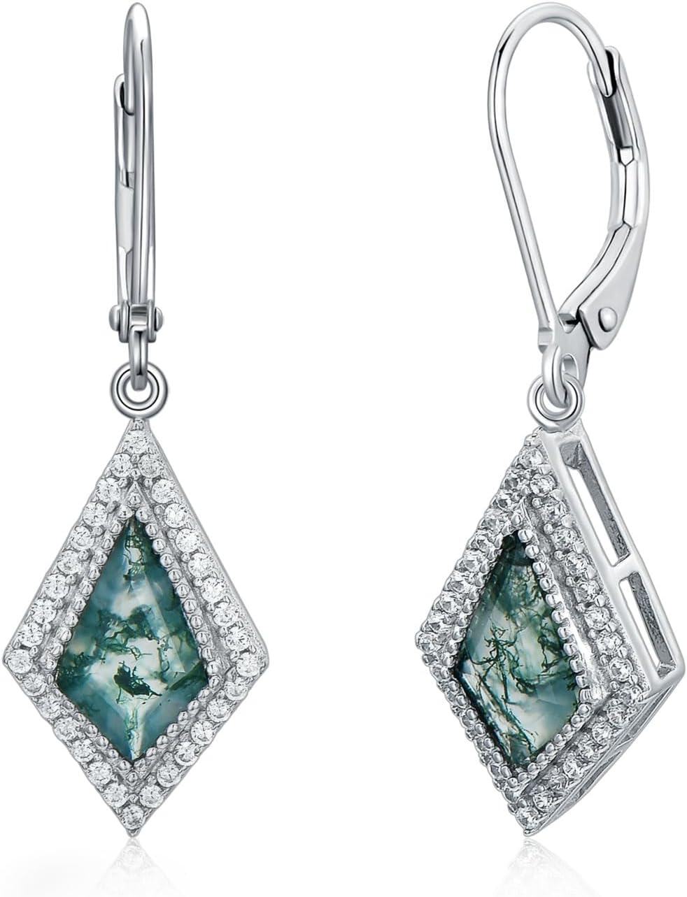 wholesale 925 Sterling Silver Cubic Zirconia Accent Moss Agate Drop Earrings for Women-0-0