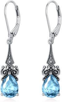 wholesale Sterling Silver 10mm Teardrop 12 Months Birthstone Dangle Drop Earrings-03-Aquamarine-Blue