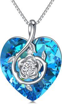 wholesale Sterling Silver Birthstone Heart Rose Pendant Necklace for Women-12-Dec-Blue Topaz