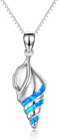 wholesale 925 Sterling Silver Blue Fire Opal Shell Pendant Necklace for Women Girls  45cm Chain Length-4-Conch necklace-Blue