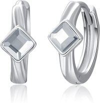 wholesale 925 Sterling Silver Crystal Square Hoop Earrings for Women Men Birthstone Huggie Fashion Jewelry-April