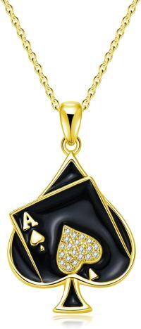 wholesale 925 Sterling Silver Black Enamel Ace of Spades Heart Pendant Necklace for Women-Gold Ace