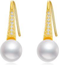 wholesale 14K Gold White Freshwater Pearl Diamond Drop Earrings for Women-Hooks-Pearl\/Moissanite