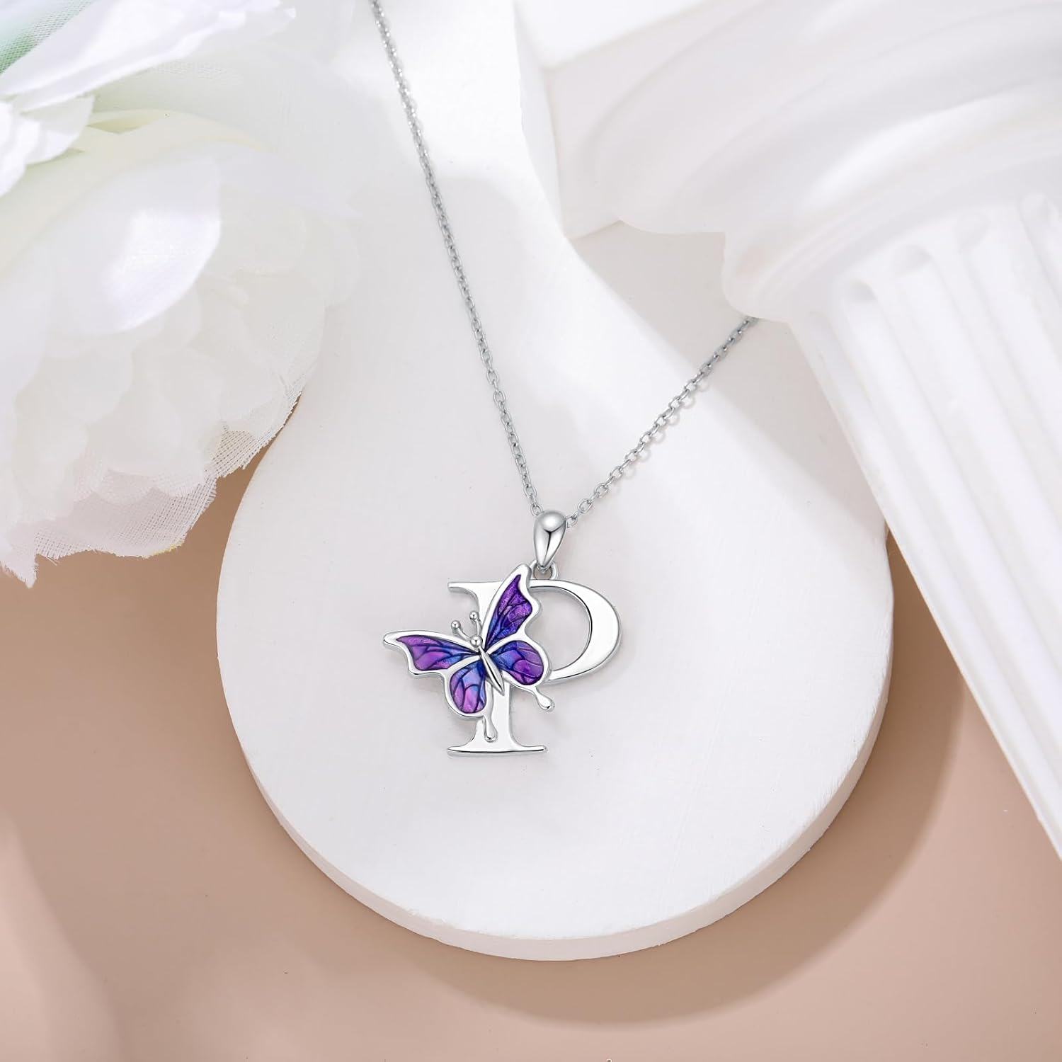 wholesale 925 Sterling Silver Purple Butterfly A Z 26 Letters Pendant Necklace-0-5