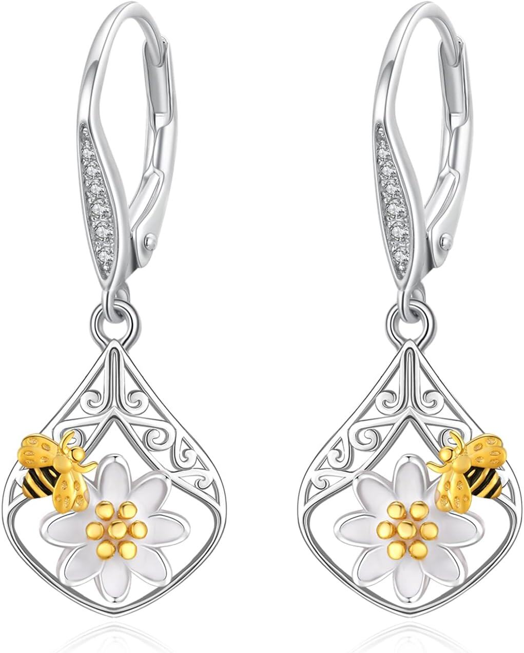 wholesale 925 Sterling Silver Bee & Flower Hypoallergenic Leverback Earrings-0-0