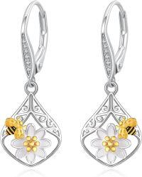 wholesale 925 Sterling Silver Bee & Flower Hypoallergenic Leverback Earrings-07-Daisy