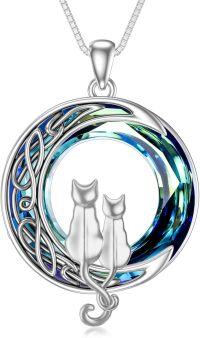 wholesale 925 Sterling Silver Cat on the Moon Pendant Necklace with Blue Circle Crystal for Women-2 Cats(Silver and Silver)-Blue Crystal-02-D