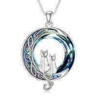 wholesale 925 Sterling Silver Cat Pendant Necklace-2 Cats(Silver and Silver)-Blue Crystal-02-D