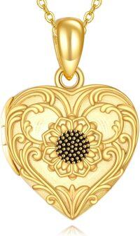 wholesale Gold 925 Sterling Silver Heart-Shaped Locket Necklace with Black Flower Center and Chain for Women-Gold Sunflower