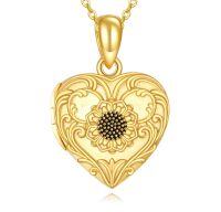 wholesale Gold 925 Sterling Silver Heart-Shaped Locket Necklace with Black Flower Center and Chain for Women-Gold Sunflower