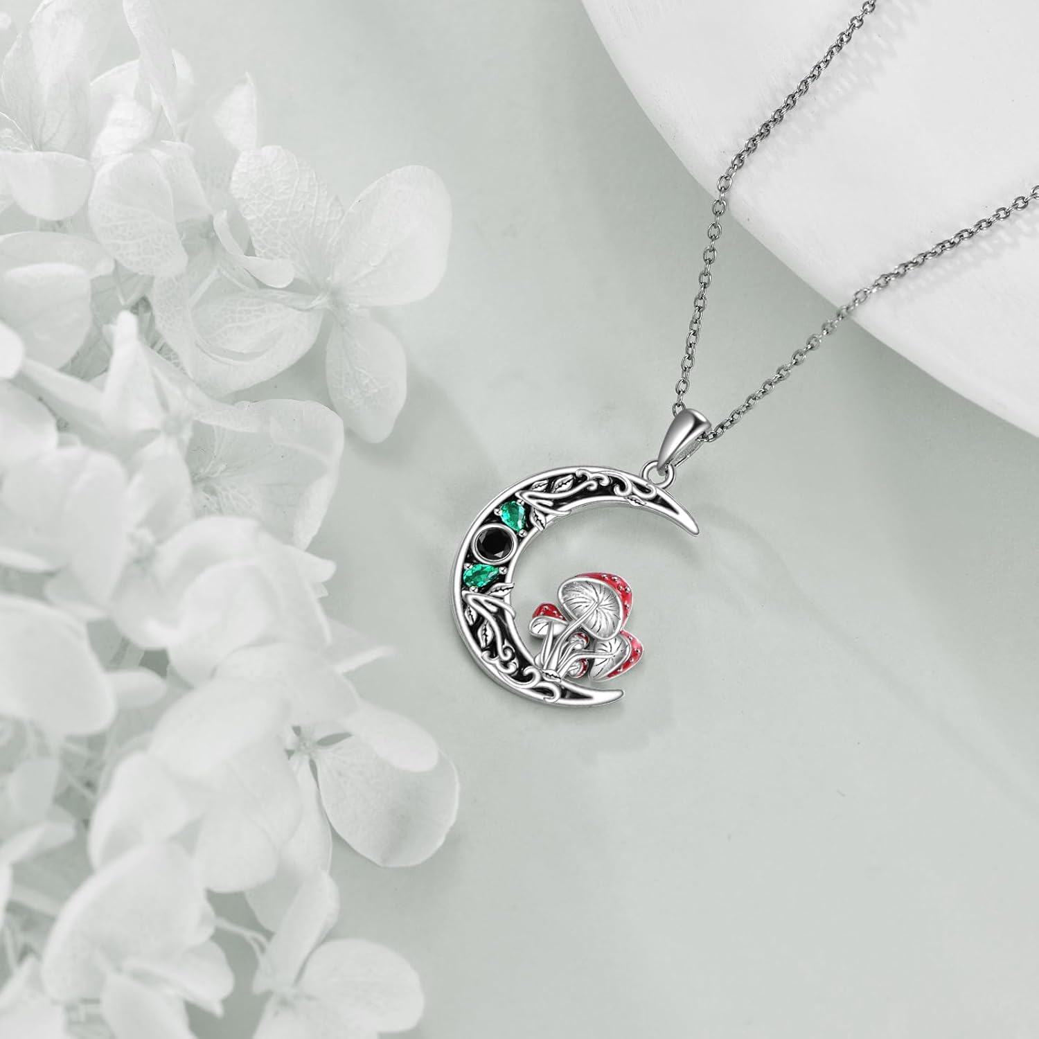 wholesale 925 Sterling Silver Red & Green Crystal Spider Mushroom Crescent Moon Pendant Necklace-0-4