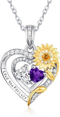 wholesale Sterling Silver 2 Birthstones Sunflower Heart Necklace for Women-02-04-Feb-Apr