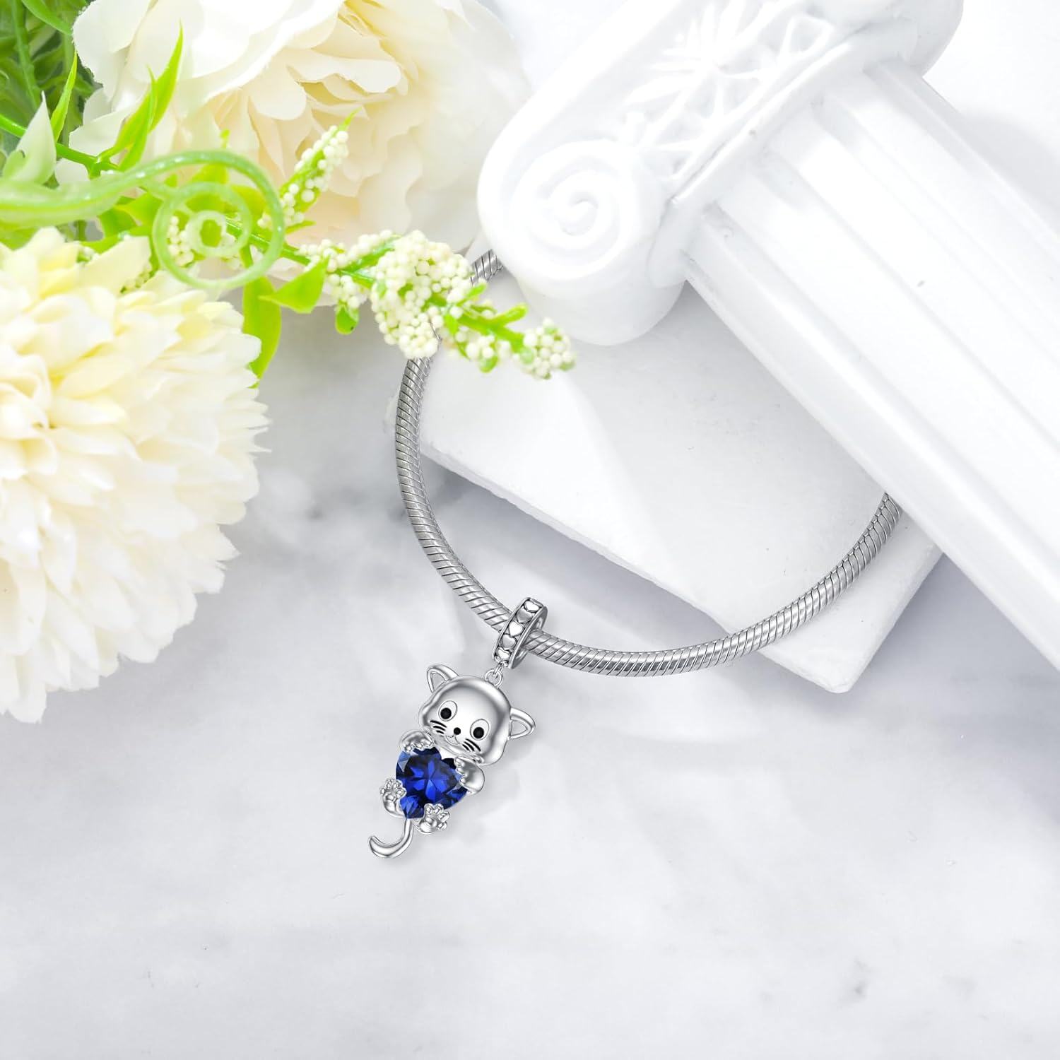 Silver Birthstone Cat Charm Bead Gift for Women-0-3