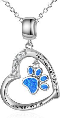wholesale 925 Sterling Silver Paw Print Necklace with Blue Opal Cat Dog Charms Pendant Cremation Jewelry for Women Girls Memorial Gifts-Blue Opal