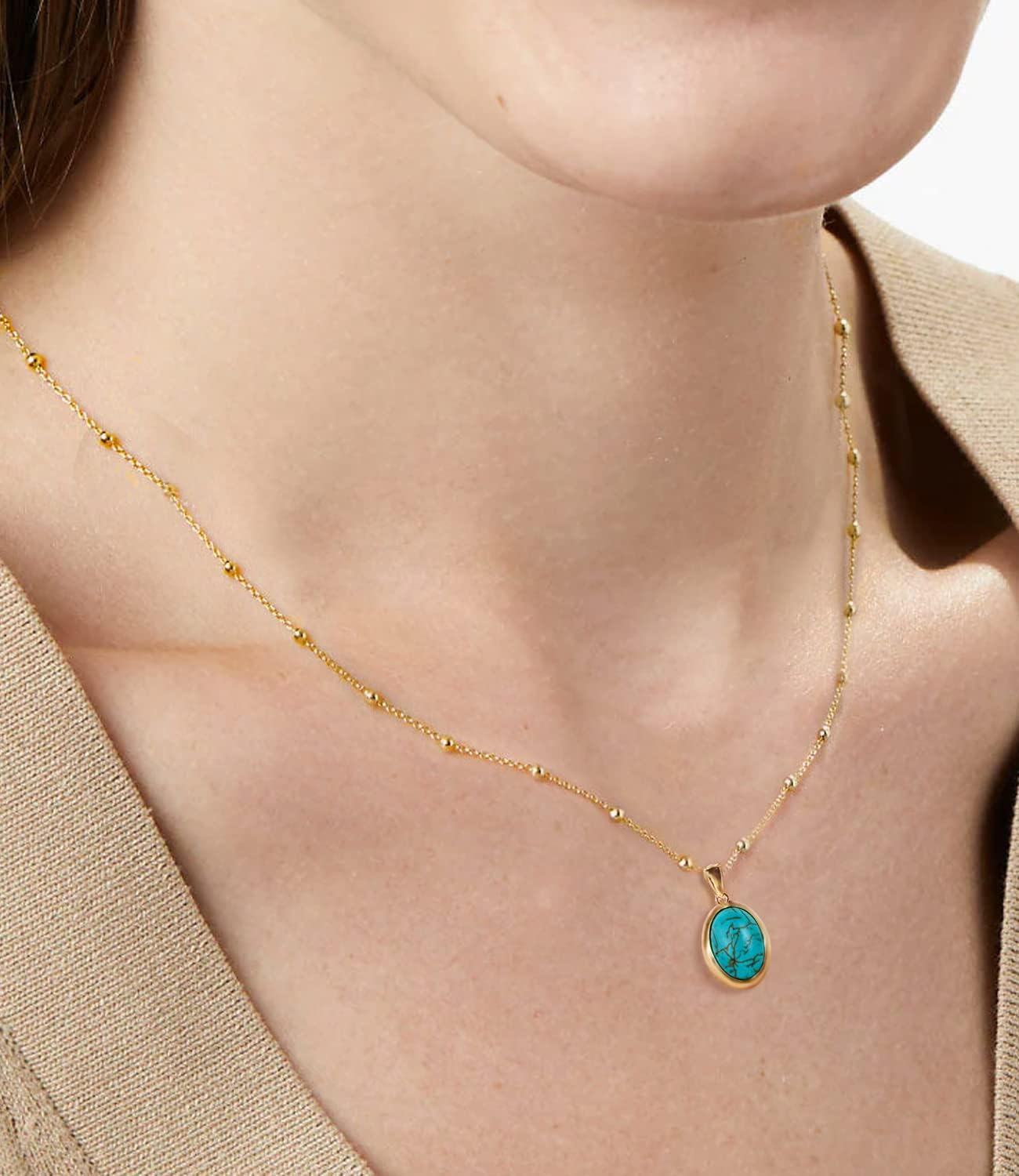 Sterling Silver White Yellow Gold Plated Genuine Turquoise Pendant Necklace for Women-0-2
