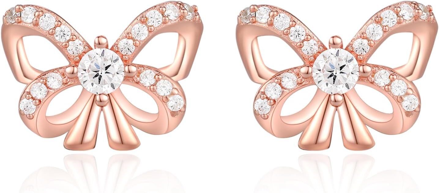 Metal Sterling Silver Stone Bow Stud Earrings for Women Ribbon Jewelry -0-0