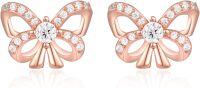 wholesale 925 Sterling Silver Metal Ribbon Bow Stud Earrings with Cubic Zirconia Stones for Women - Fashionable Jewelry Accessories-Pink