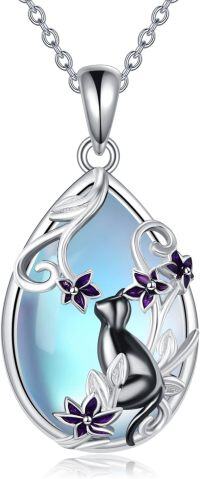 wholesale 925 Sterling Silver Teardrop Blue Moonstone Cat Pendant Necklace with Purple Flowers and Chain 45cm Length-black cat necklace