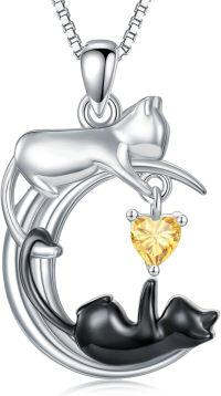 wholesale Silver Onyx Cat Moon Pendant Necklace Women s Jewelry Gift-November - Citrine