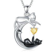 wholesale 925 Sterling Silver Onyx Cat Moon Pendant Necklace Women s Jewelry Gift-November - Citrine