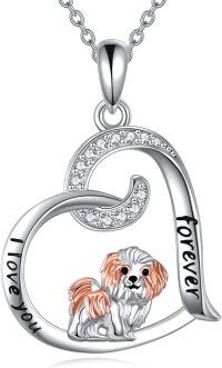 wholesale 925 Sterling Silver Crystal Dog in Heart Pendant Necklace for Women - Pet Lovers' s-Shih Tzu Dog