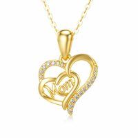 wholesale 14k Gold Mom Double Heart Pendant Necklace With Cubic Zirconia Stones-style 1