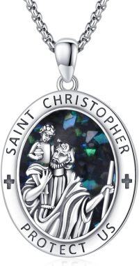 wholesale Sterling Silver Archangel Medals St Pendant Necklace for Men Women-22-St Christopher(oval crushed abalone shell)