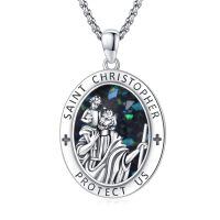wholesale 925 Sterling Silver Archangel Medals St Pendant Necklace for Men Women-22-St Christopher(oval crushed abalone shell)
