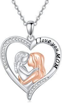 wholesale 925 Sterling Silver Heart-Shaped Mother Daughter Pendant Necklaces with Cubic Zirconia and Engraved I Love You MOM - Perfect Gifts for Moms Grandmas & Wives-Mother and Daughter