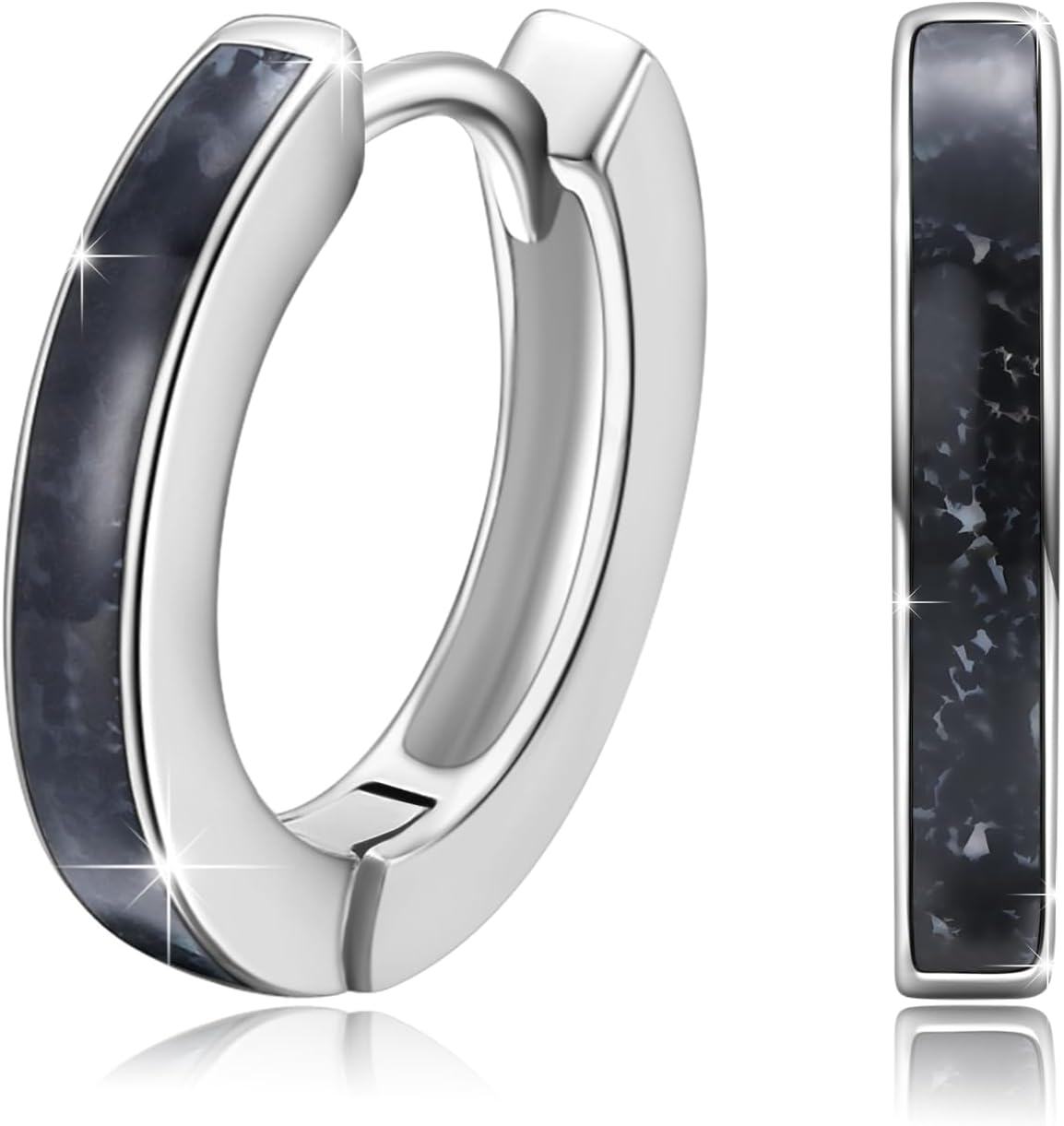 Sterling Silver Simulated Opal Hoop Earrings for Women Hypoallergenic Huggie Hinged Hoops Colorful Jewelry Gift-14mm Silver Black Agate-14