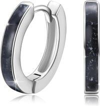 wholesale Sterling Silver Simulated Opal Hoop Earrings for Women Hypoallergenic Huggie Hinged Hoops Colorful Jewelry Gift-14mm Silver Black Agate-14