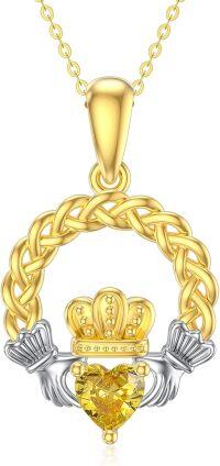 wholesale 14K Gold Citrine Heart & Crown Claddagh Pendant Necklace for Women-Citrine