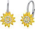 wholesale 925 Sterling Silver Sunflower Peace Sign Leverback Drop Dangle Earrings for Women Girls  4cm Long-0-0