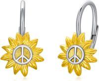 wholesale 925 Sterling Silver Sunflower Peace Sign Leverback Drop Dangle Earrings for Women Girls  4cm Long-Sunflower