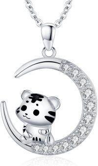 wholesale 925 Sterling Silver Moon & Tiger Pendant Necklace for Women - Musical Notes Design-Silver-Tiger