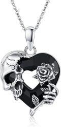 wholesale 925 Sterling Silver Heart-Shaped Rose and Skull Charm Necklace with Black Crystals-0-0