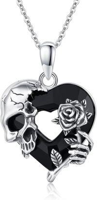 wholesale 925 Sterling Silver Heart-Shaped Rose and Skull Charm Necklace with Black Crystals-C-Skull Hand