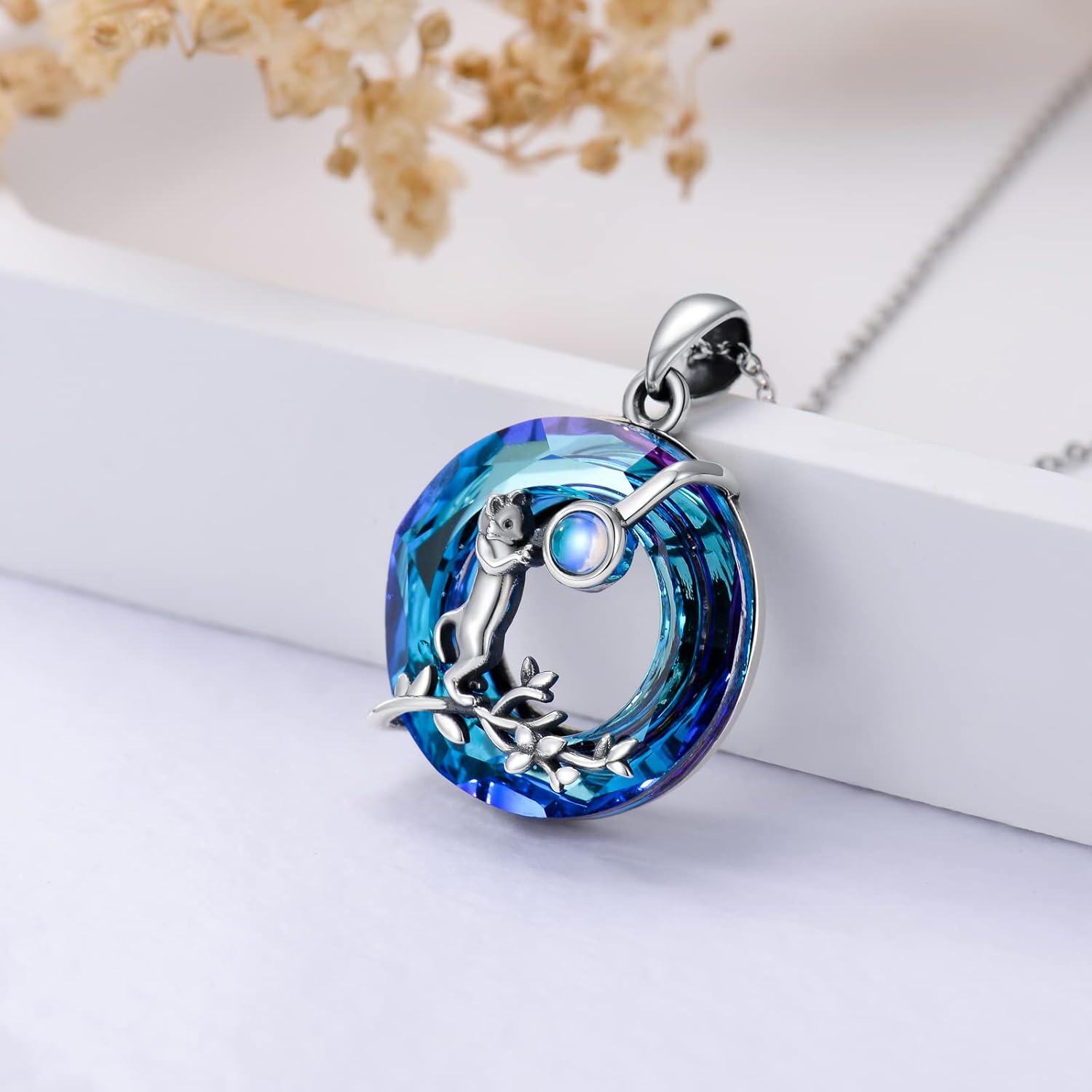 wholesale 925 Sterling Silver Metal Crystal Animal Pendant Necklace - Kitten on Branch Design-0-2