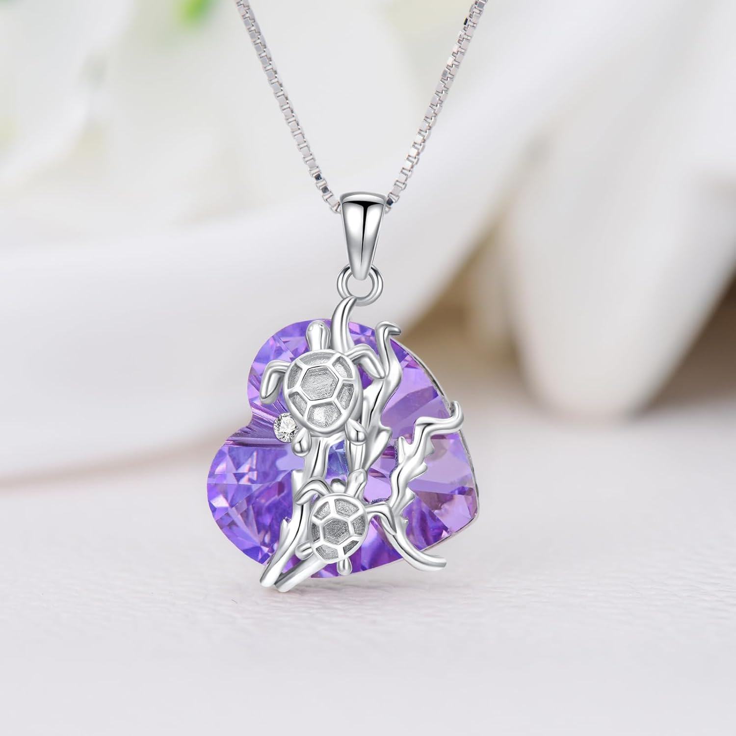 wholesale 925 Sterling Silver Purple Crystal Heart & Turtles Pendant Necklace-0-1