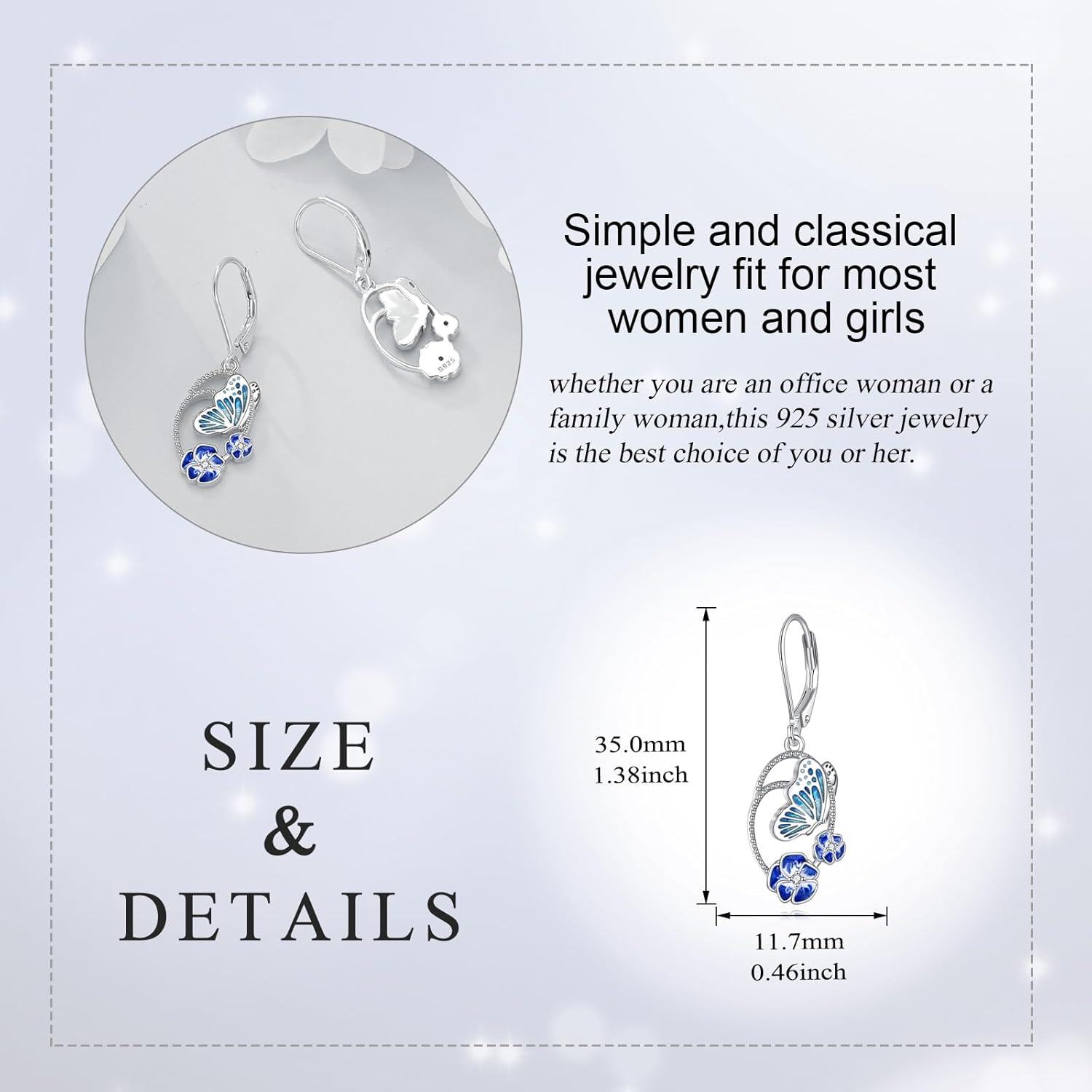 925 Sterling Silver Butterfly & Blue Flowers Drop Earrings - Mothers Day Gift for Her-0-3