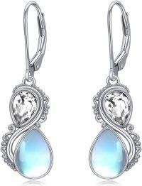 wholesale Sterling Silver Moonstone Valentine Vintage Dangle Teardrop Leverback Earrings w Birthstone Gifts for Her-Clear White