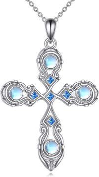 wholesale 925 Sterling Silver Blue Topaz & Rainbow Moonstone Celtic Cross Pendant Necklace for Women Girls Gifts Boho Chic Jewelry 43mm x 68mm-A-Moonstone Necklace