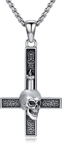 wholesale 925 Sterling Silver Mens Gothic Cross Necklace w/ 3D Blackened Nail & Skull Pendant-Skull Cross